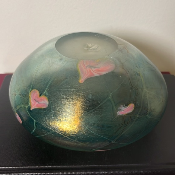 Siddy Langley Iridescent Hanging Hearts 1985 Aqua Blue & Pink Oval Glass Vase - Picture 8 of 8
